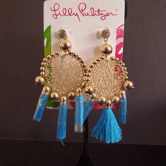 Lilly Pulitzer Sea Dreamer Earrings Cumulus Blue Gold Tone Resort Vacation NWT - Picture 2 of 6